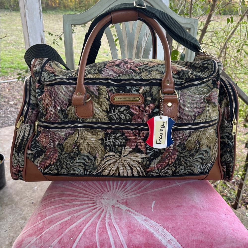 American Tourister Travel Bag w/ Botanical Tapestry; Brown Leather Straps & Btm.